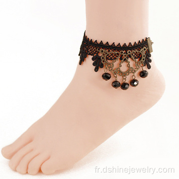 Bracelets de cheville pas cher dentelle noire Simple Anklet perles Tassel